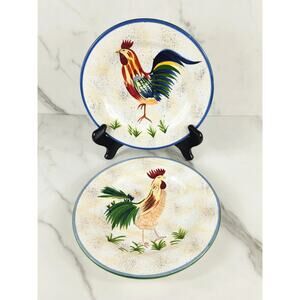 American Atelier Rooster Salad Dessert Round Plate 8" Earthenware Blue Trim x2